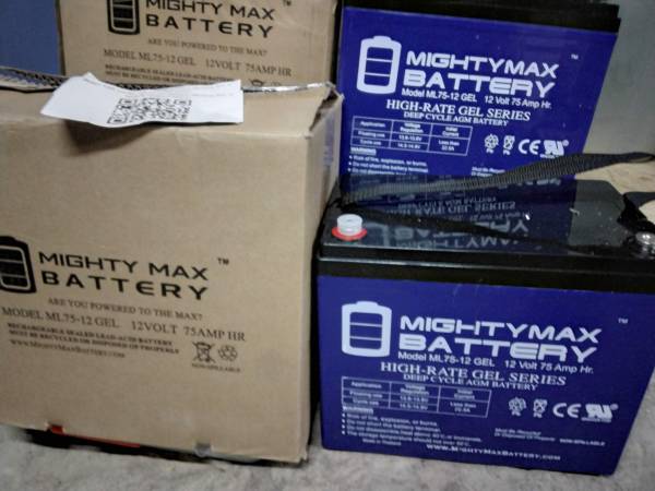 Photo New Wheelchair Batteries, 2 Mighty Max, Gel Deep Cycle Sealed 75  12v $250