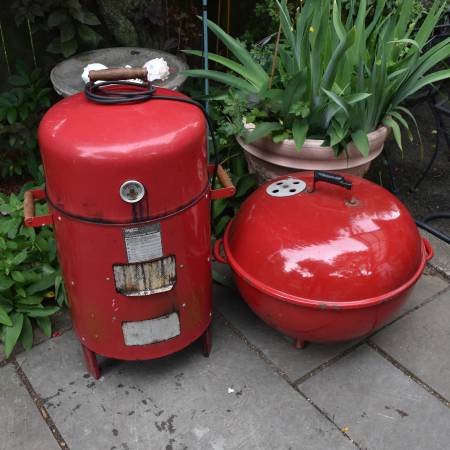 Photo Meco Charcoal Water Electric Smoker and Vintage Weber Barbecue Kettle $60