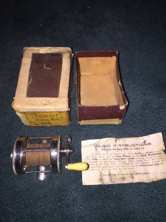 Photo Antique Fishing Reel wOriginal Box  Instructions-Tripart 580,MINT $75