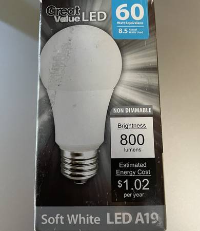 Photo Great Value Soft White LED A19 Light Bulb 60W Equivalent $2
