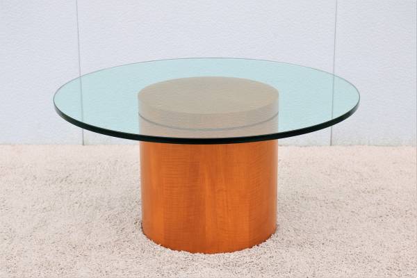 Photo Mid-Century Modern 39 in Round Glass Top Drum Wood Base Coffee Table $850