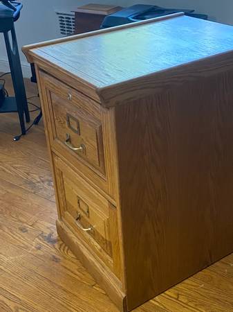 Photo Vintage mission style oak wood filing file cabinet 2 draw brass handle $400