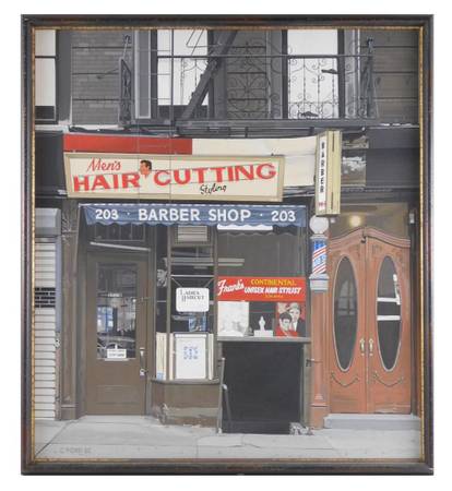 Lower East Side Barbershop Storefront Photorealist Painting $1,500