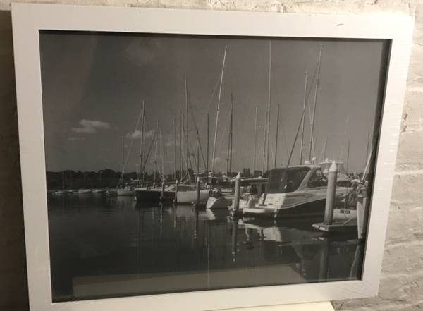 Photo Seafaring Boat Marina - BW Framed Art Brand-New, Plastic-Sealed $40