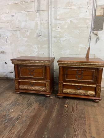 Photo Vintage French inspired walnut and gold Pair of nightstands $300