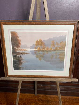 Vintage framed print of Sunset lake by John E. Bradley $100