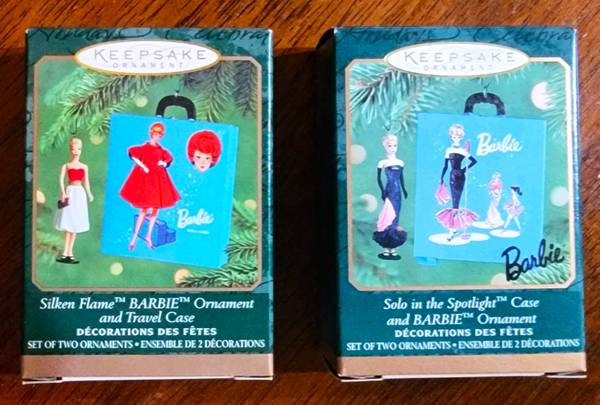 Photo Set of Two Barbie Ornaments with Travel Cases 2001, 2000 $24