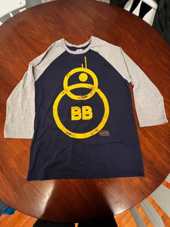 Photo Star Wars BB8 Mens Long Sleeve Baseball Shirt Size L Blue Yellow Droid $10
