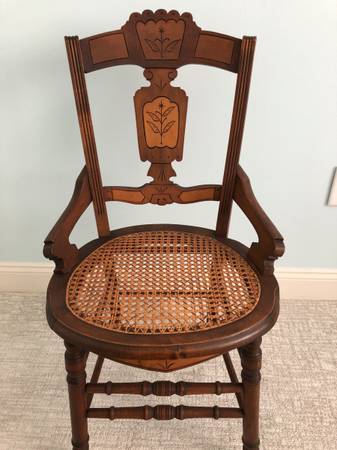 Photo Vintage Antique Solid Wood Carved Back Chair with Cane Seat $109
