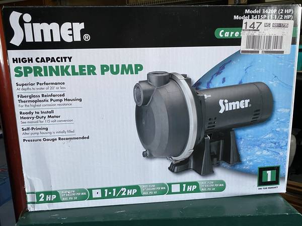 Photo Simer 1.5 HP Sprinkler Pump $130