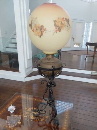 Photo Antique Oil L with Rose Globe and Wrought Iron Base $225