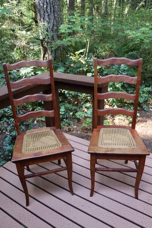 Photo Pair of Antique Ladder-Back Cane Seat Chairs $35