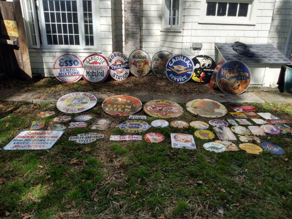 Photo large collection of porcelain enamel gas station signs 30 $300 each  smaller 7 $300