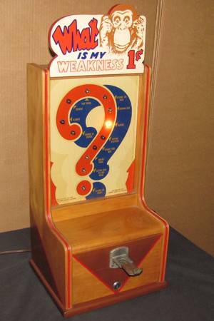 Photo 1 cent 1940 What is my Weakness Arcade Machine $950
