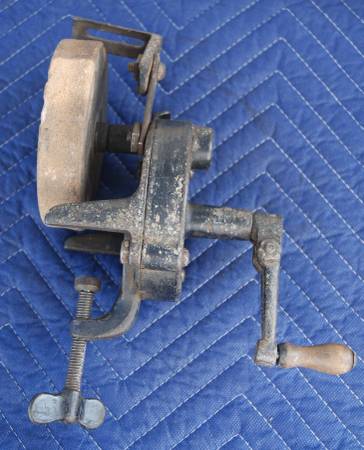 Photo Bench Grinder Hand Crank Vintage Stone Sharpener Grinder $45