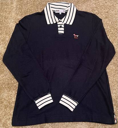 DAKS London Womens Navy Blue Long Sleeve Dachshund Polo ShirtSize M $20