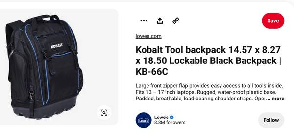 Photo Kobalt Tool backpack $65
