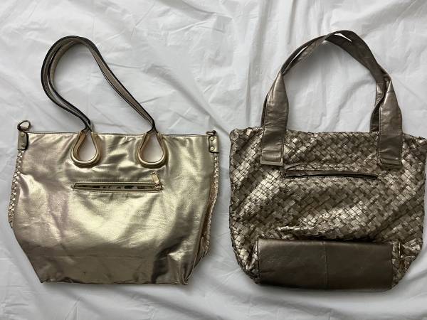 Photo Two Goldish toned medium sized textured handbags $20