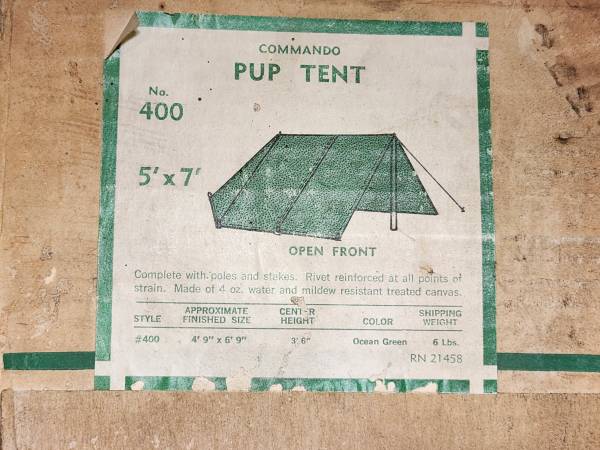 Photo Vintage Canvas Pup Tent CANVAS AND STAKES $20