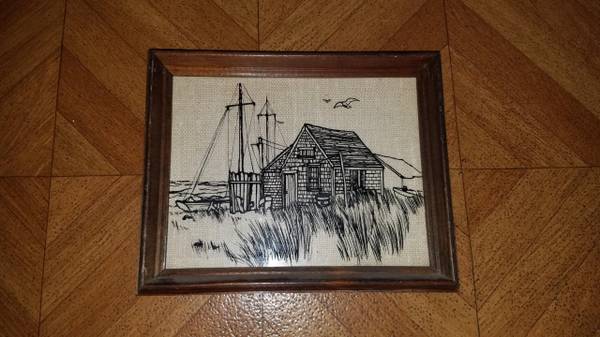 Photo Vintage framed linen print of beach house and boat $15