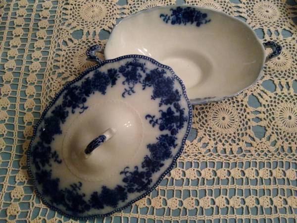 Photo Victorian Clarence W.H. Grindley Flow Blue VEGETABLE BOWL $250
