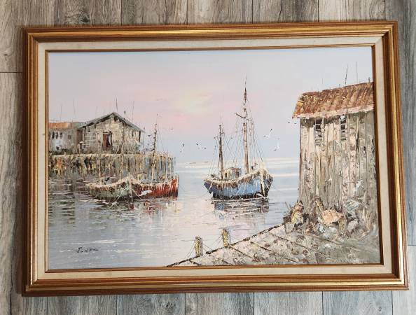 Photo fishing boats original vintage oil painting signed $100