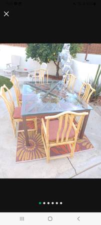 Photo Custom 46x70 iron table with 4x6glass and 8 rattan chairs asian with c $450