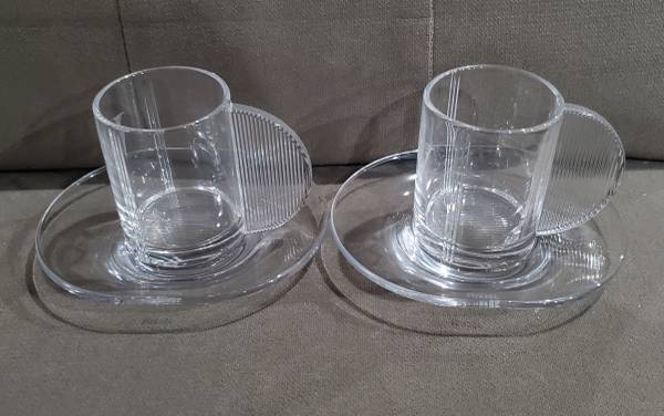 Photo NEW SET OF TWO RIEDEL ESPRESSO CUPS SAUCERS art deco ETCHED INITIAL W $40